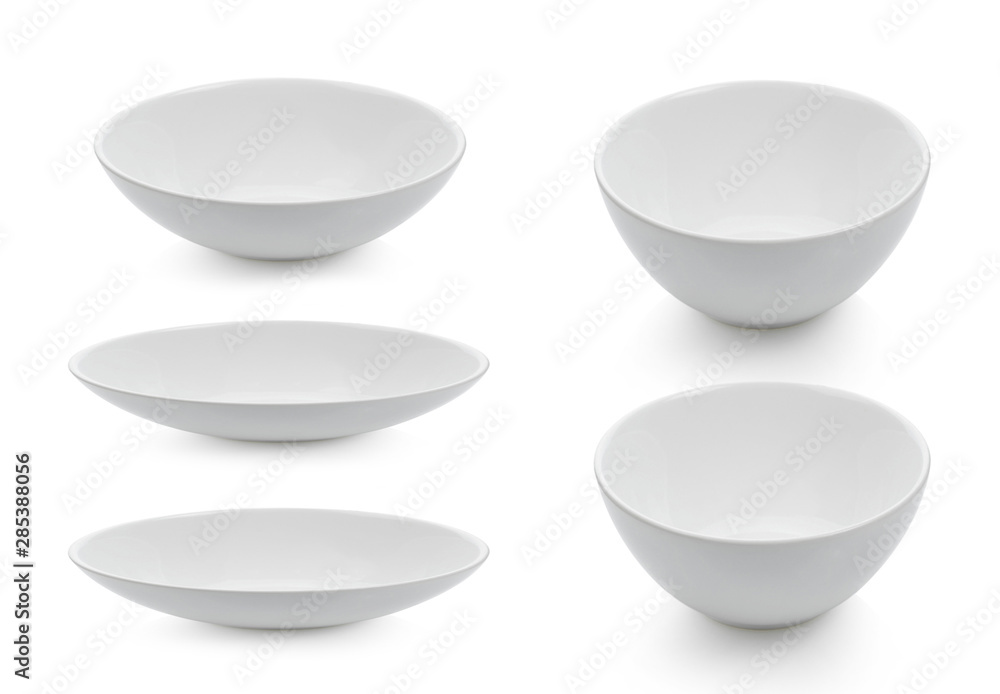 collection of ceramic white bowl on white background