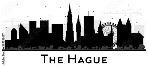 The Hague Netherlands City Skyline Silhouette with Black Buildings Isolated on White.