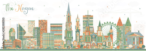 The Hague Netherlands City Skyline with Color Buildings.