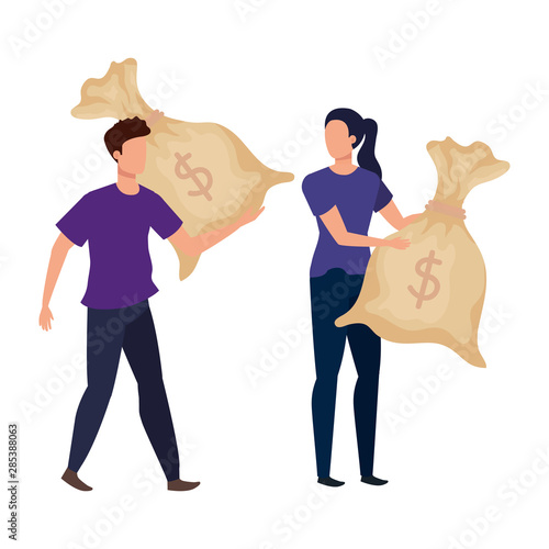 young couple with money bags avatars characters