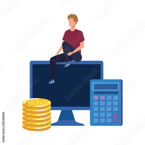young man with desktop character