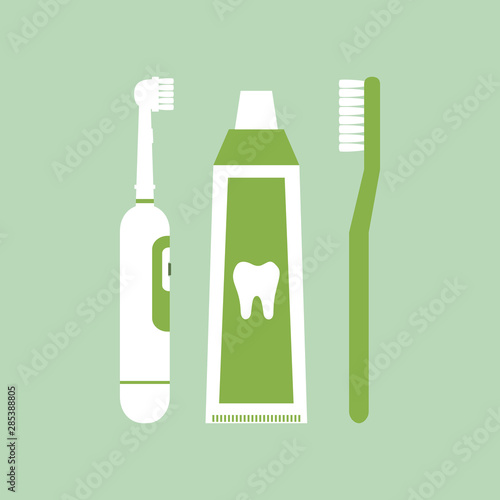 electric and handle toothbrush with toothpaste for brushing teeth - dental cartoon vector flat style