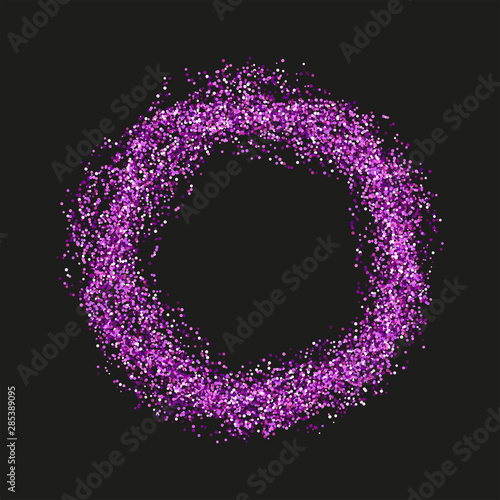 Purple sparkles and glitter powder spray frame. Sparkling glitter particles explosion on vector black transparent background. Purple round frame or luxury fireworks and confetti outburst