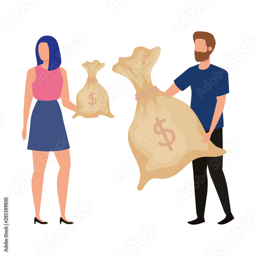 young couple with money bags avatars characters