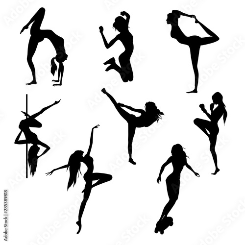 Set of female silhouettes of various sports.