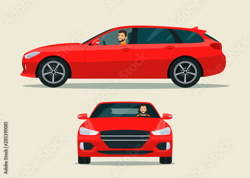 Red station wagon car two angle set. Car with driver man side view. Vector flat style illustration.