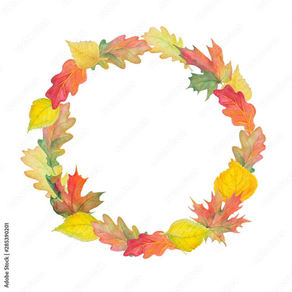 Watercolor autumn. Wreath of leaves.