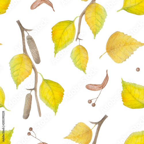 Watercolor autumn. Seamless pattern of birch leaves