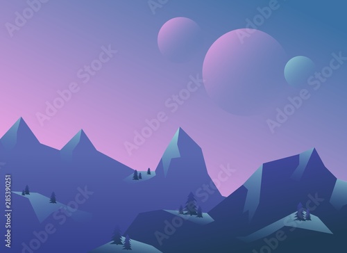 Panoramic view of the mountain landscape. Vector illustration.