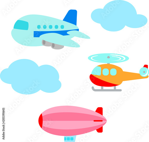 飛行機、ヘリコプター、飛行船のイラストセット