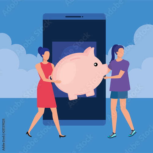 young women with smartphone and money