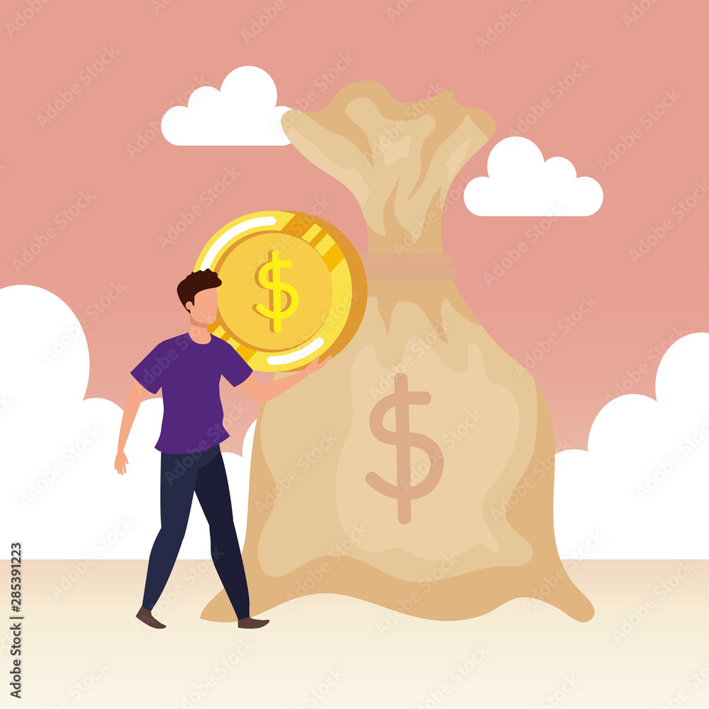 young man with money bag character young man with money bag character