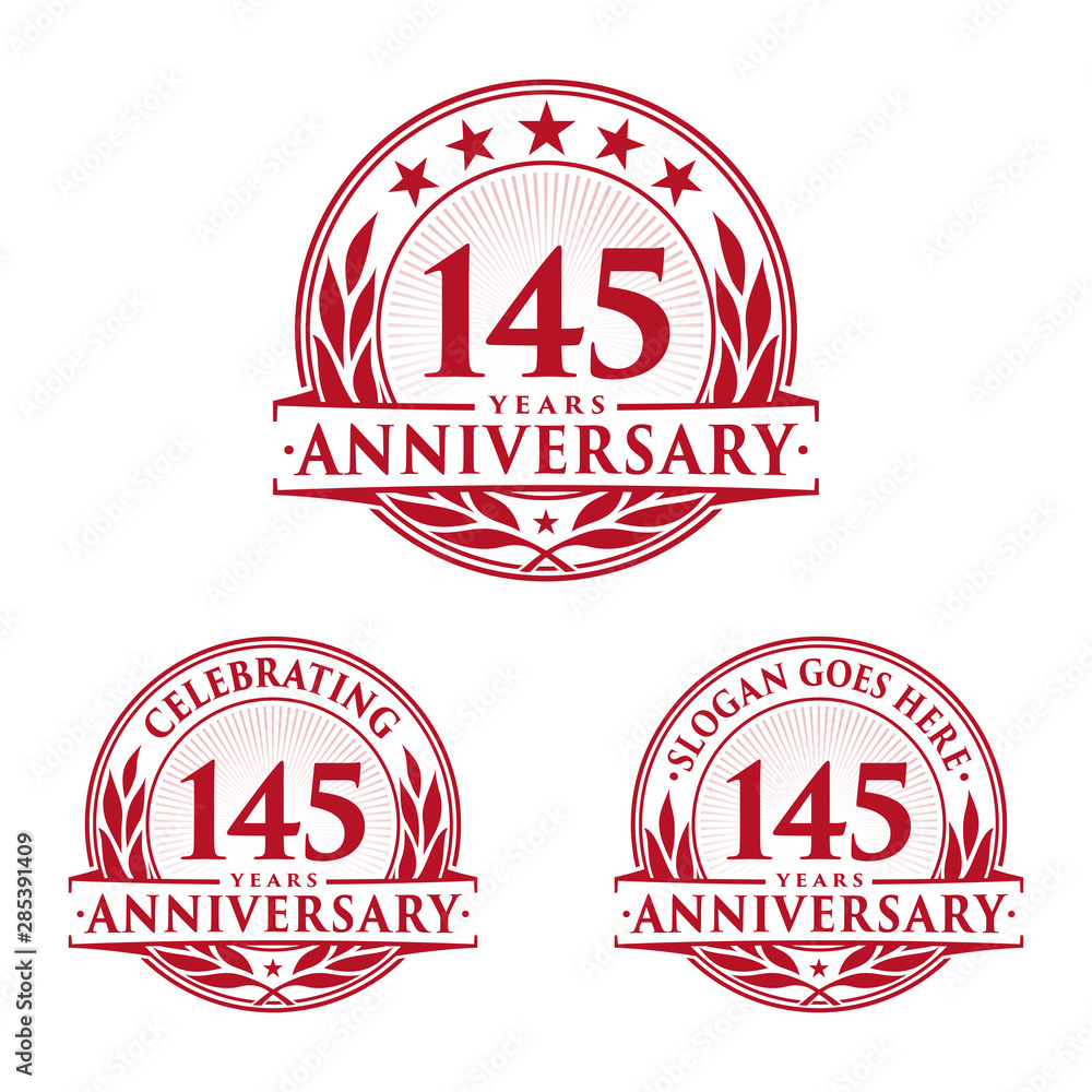 145 years anniversary logo set. 145th years anniversary celebration logotype. Vector and illustration.