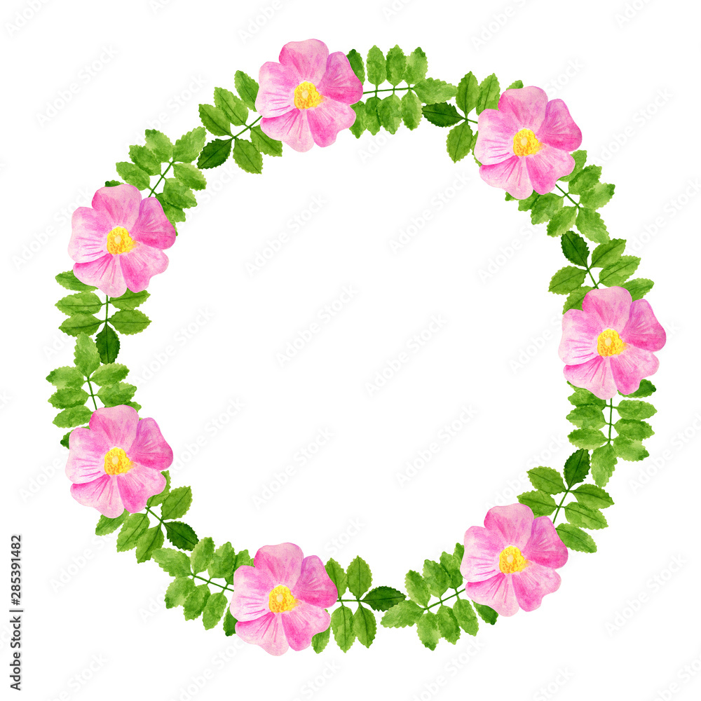 Watercolor rose flowers and leaves round frame. Beautiful floral wreath for wedding invitations, greeting cards, blogs, print, decoration, save the date, design