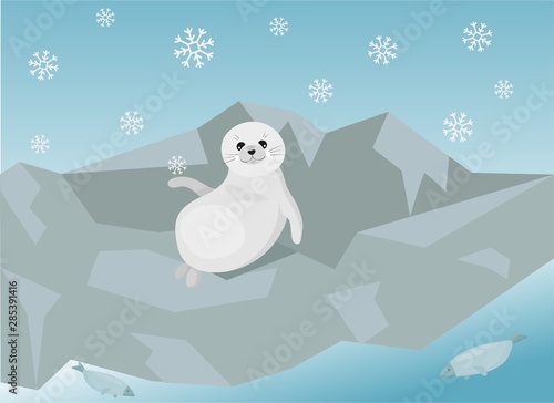 Cute illustration of the baikal seal (nerpa), which is chill out on the bank of the lake. Vector illustration. 