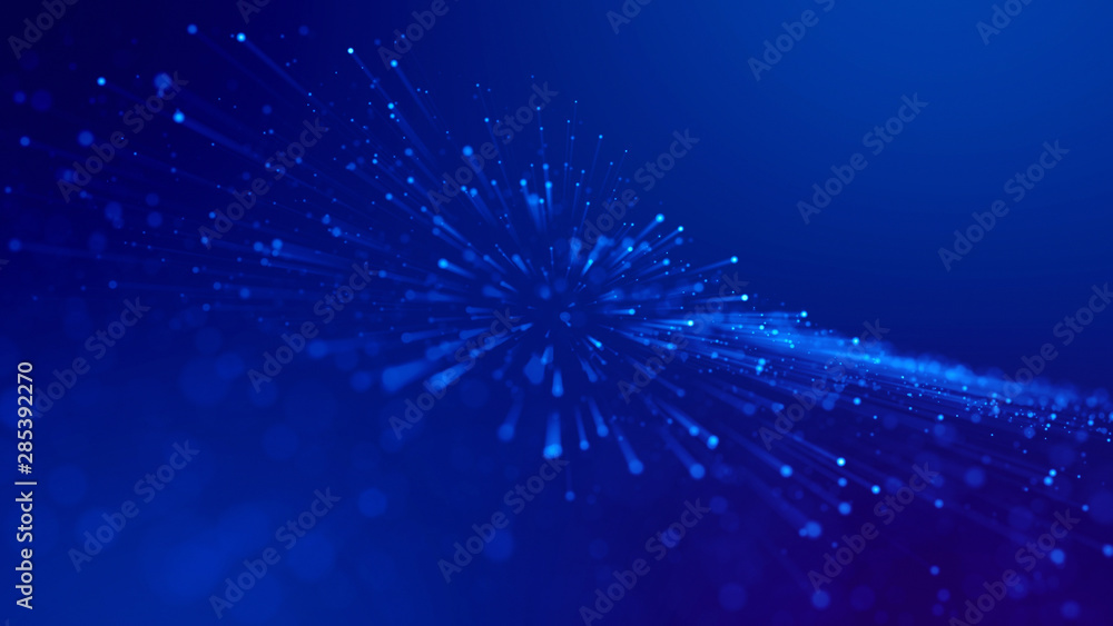 3d rendering of abstract blue background with glowing particles like micro world science fiction with depth of field and bokeh. Blue light rays like laser show for bright festive presentation 3d rendering of abstract blue background with glowing particles like micro world science fiction with depth of field and bokeh. Blue light rays like laser show for bright festive presentation