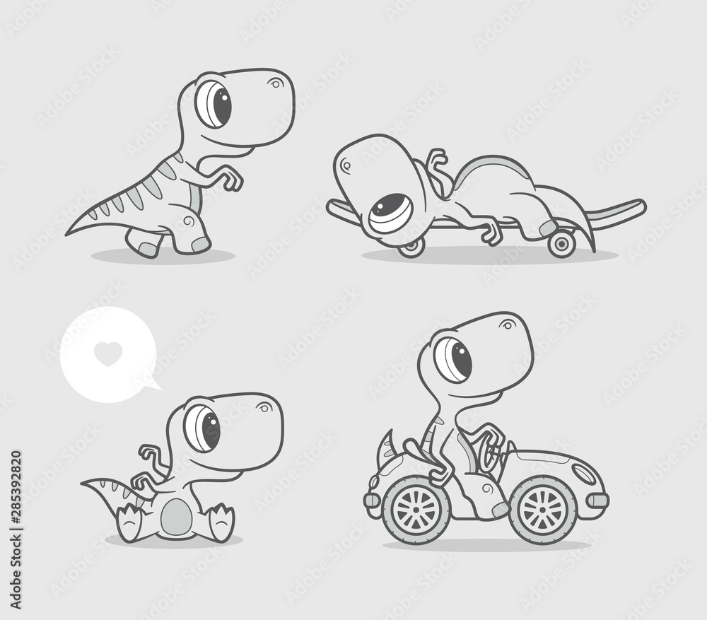 Vector template set of cartoon little dinosaur characters. Standing dinosaur,  lying on a skateboard, sitting and driving a car. On a gray background.  Stock Vector | Adobe Stock