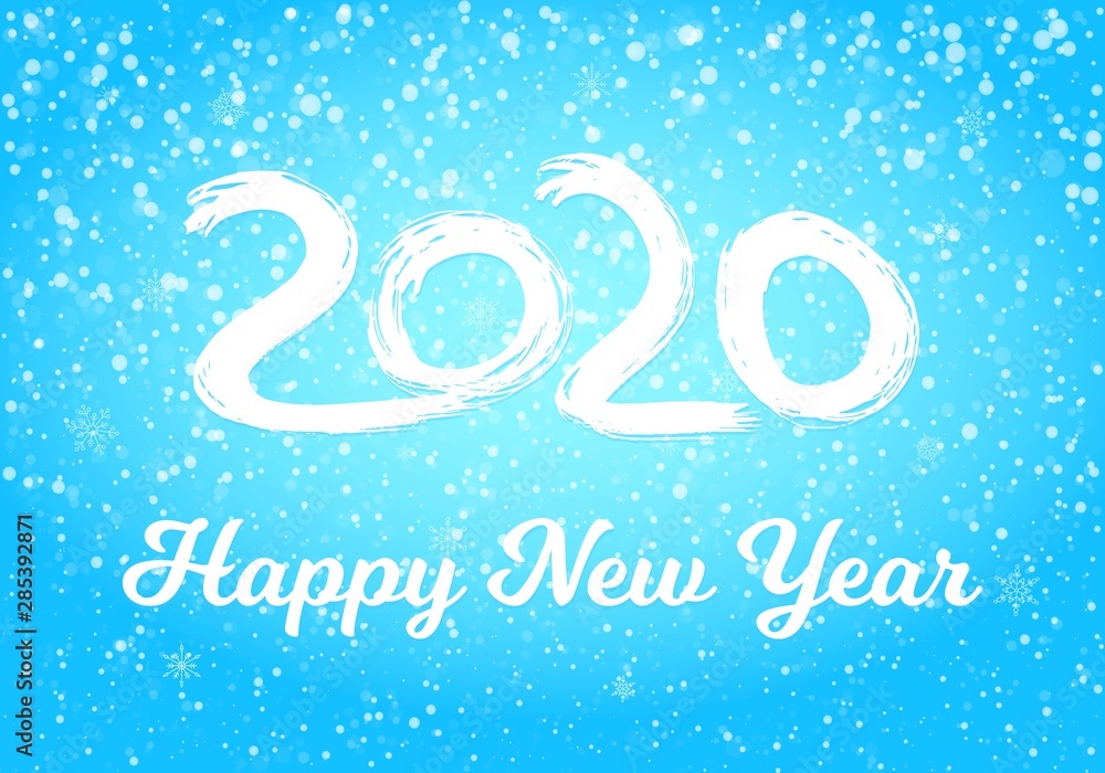 2020 happy new year postcard with falling snow on blue sky, frozen numbers 2020, snowdrifts, flat style design vector illustration on gradient background. Year of the metal rat.
