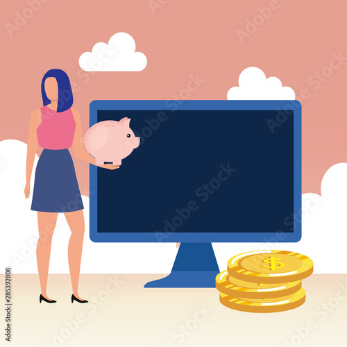 young woman with desktop and money