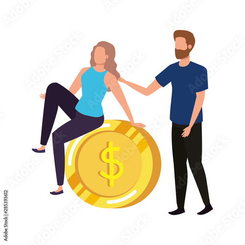 young couple with coins money avatars characters