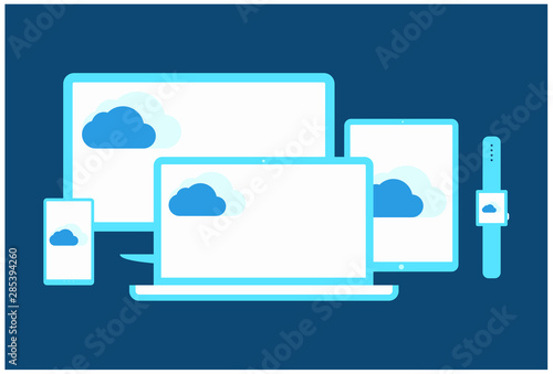 Cloud computing concept. Various devices like Smartphone, Tablet Computer, PC, Laptop are connected to Cloud
