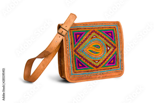 Photography Cute female handmade small size leather handbag isolated on white background