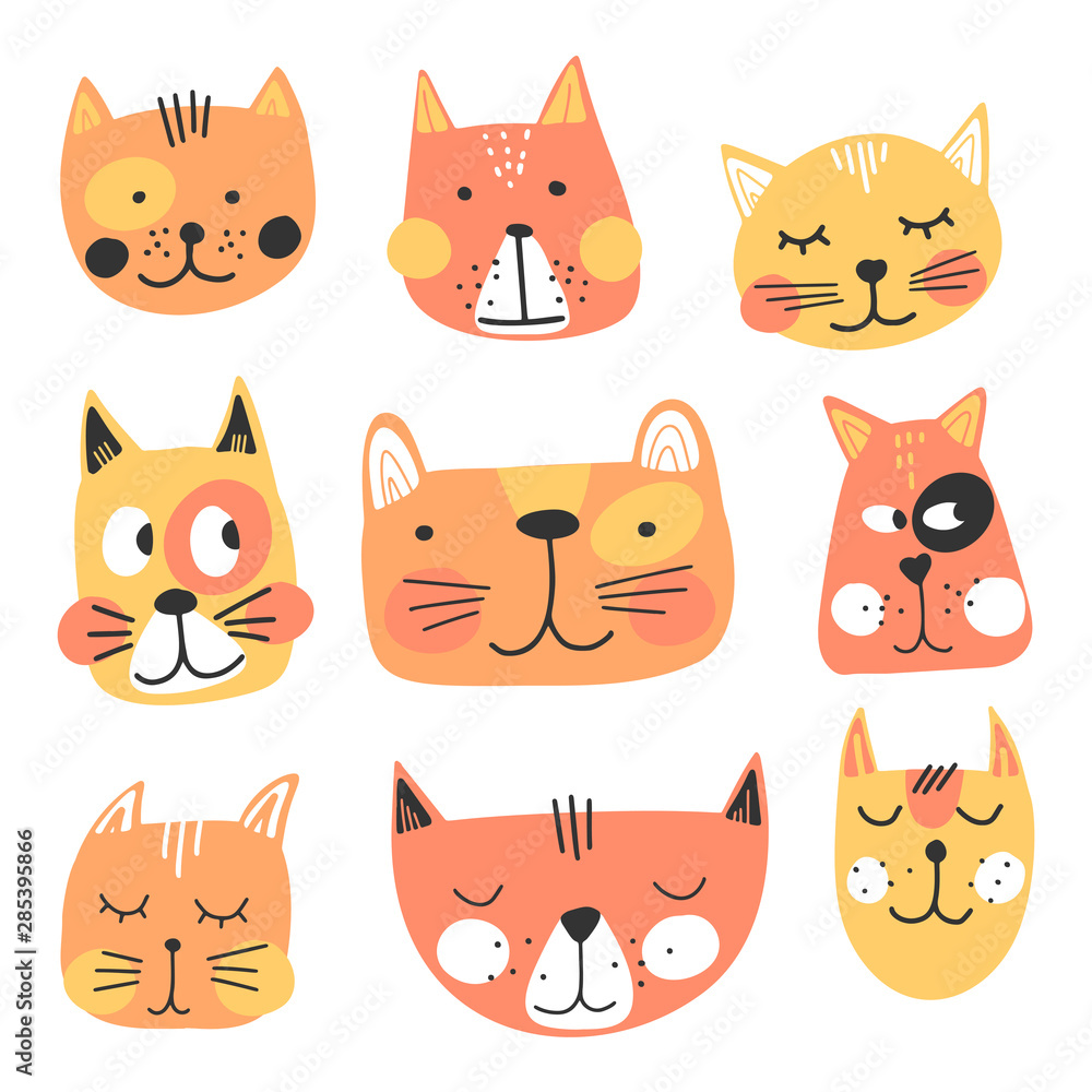 Cute hand drawn cats faces, childish print. Best for t-shirt, poster, wrapping paper, decoration. Vector illustration in scandinavian style.