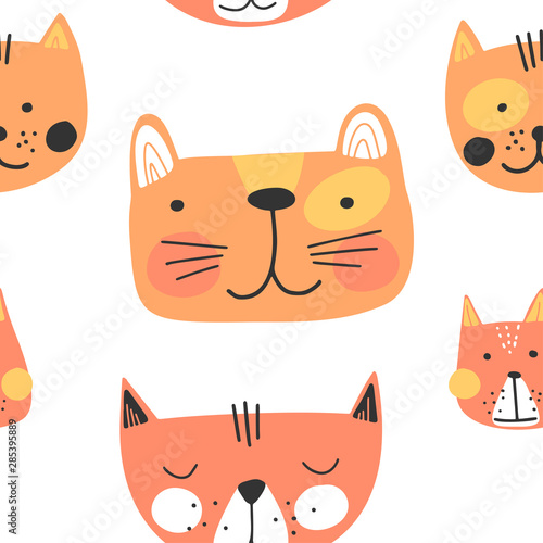 Cute hand drawn cats faces, childish print. Best for t-shirt, poster, wrapping paper, decoration. Vector illustration in scandinavian style.