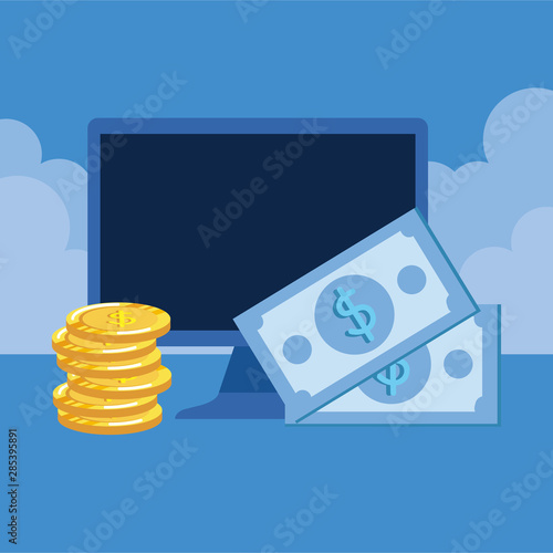 desktop computer with bills and coins