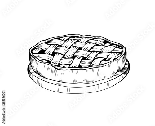 Apple pie hand drawn vector illustration. Autumn season holiday, thanksgiving day sketch symbol. Traditional homemade baking with delicious filling monochrome drawing. Pastry shop, bakery logotype