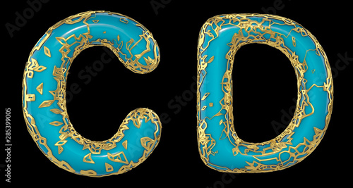 Realistic 3D letters set C, D made of gold shining metal letters.