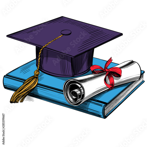 graduate cap and diploma, education vintage set hand drawn vector illustration realistic sketch