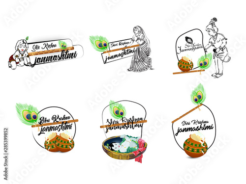 Vector illustration of a Background for Happy Janmashtami Indian Festival of Lord Krishna Birthday. Hand drawn vector,illustration with typoraphy