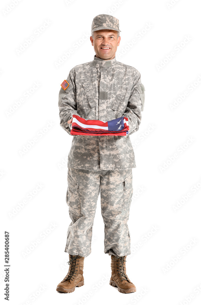 Obraz premium Mature male soldier with USA flag on white background