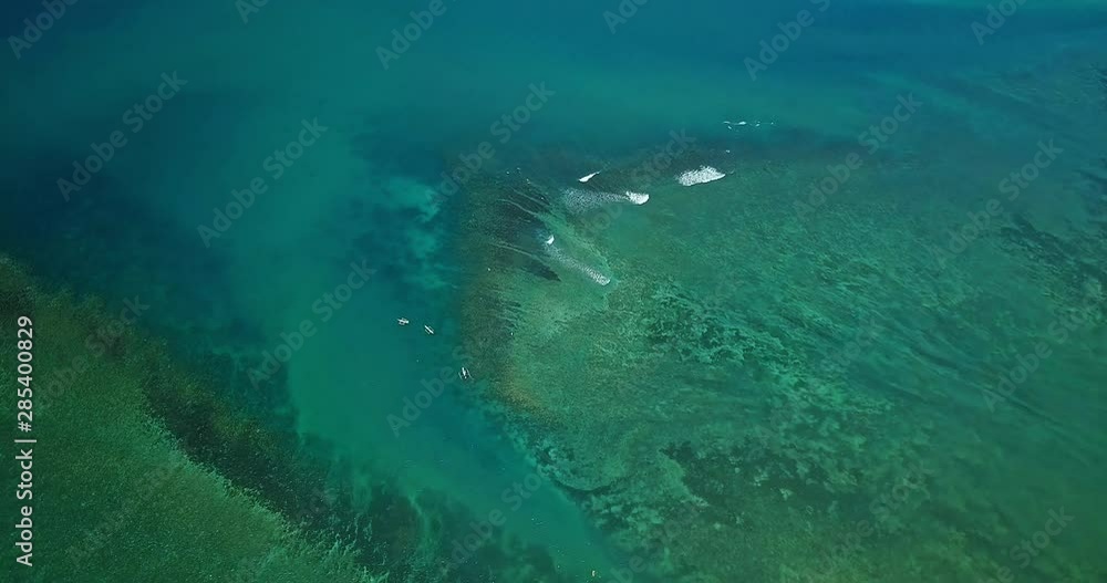 Aerial top view waves in ocean near tropical sand beach. White foam waves on the clear water of a beautiful reef drone shot. Bird's eye view of ocean waves crashing against an empty beach from above. Aerial top view waves in ocean near tropical sand beach. White foam waves on the clear water of a beautiful reef drone shot. Bird's eye view of ocean waves crashing against an empty beach from above.