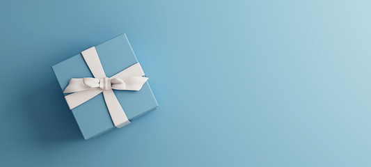Mock-up poster, baby blue gift box with white bow on light blue background, 3D Render, 3D Illustration