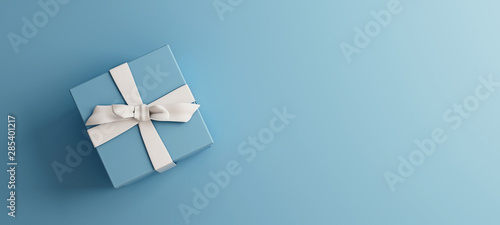 Mock-up poster, baby blue gift box with white bow on light blue background, 3D Render, 3D Illustration photo
