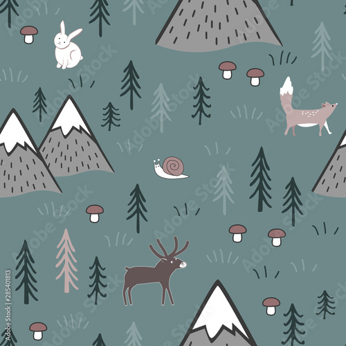 Scandinavian cartoon seamless pattern with animals, trees, mushrooms, and mountains. Cute background for kids, fabric, clothes design, bed linen, wallpaper, scrapbooking