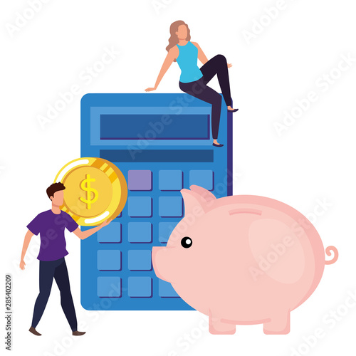 young couple with calculator and piggy