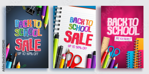 Back to school sale vector poster design set with colorful school supplies, educational items and sale text for shopping discount promotion. Vector illustration.
