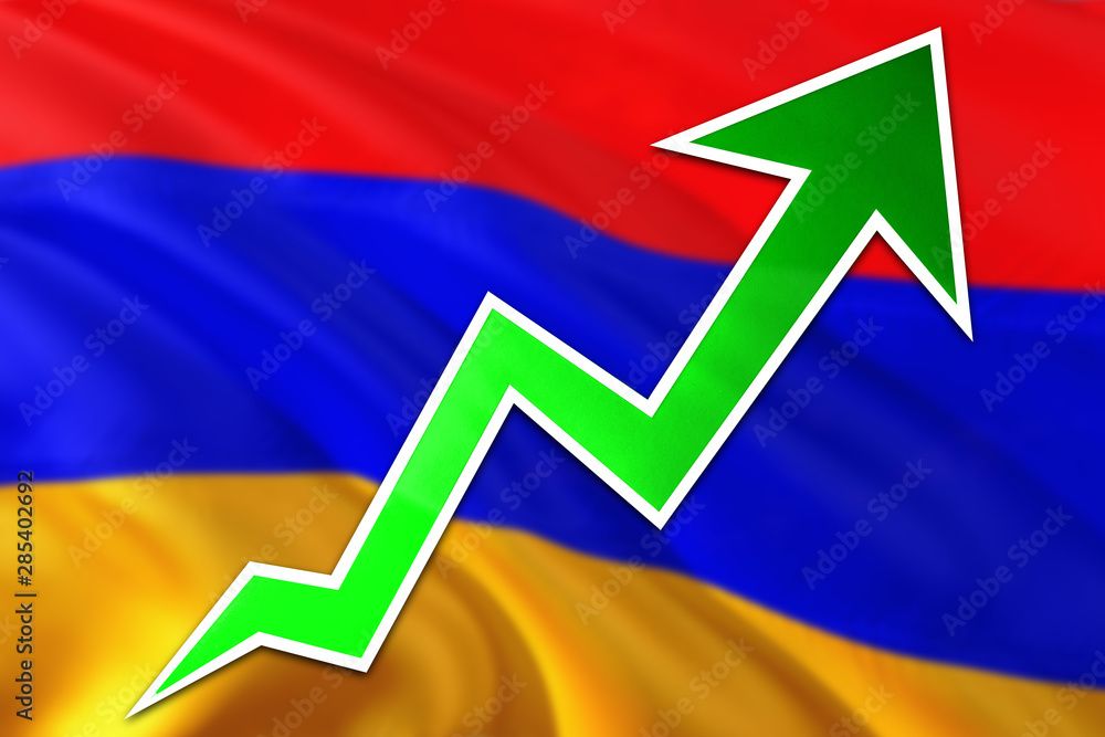 Fototapeta premium Armenia economy graph is indicating positive growth, green arrow going up with trend line. Business concept on national background.