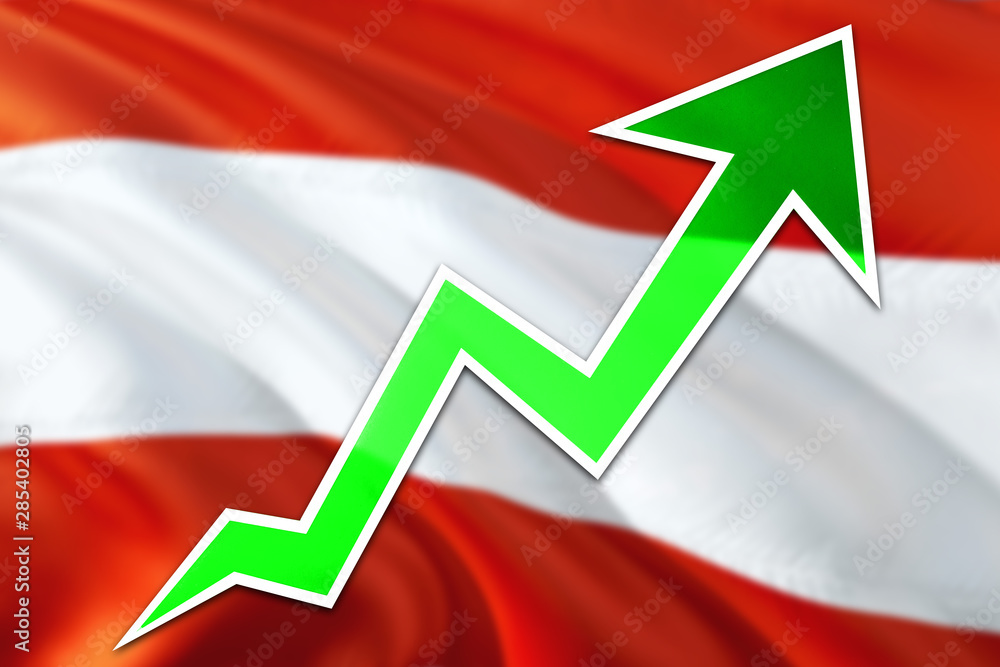 Fototapeta premium Austria economy graph is indicating positive growth, green arrow going up with trend line. Business concept on national background.