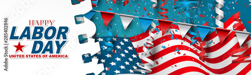 Happy Labor Day banner with USA flag and blue, red, and white ringlets. United States National holiday advertisment header design. Vector illustration.