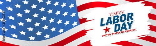 Labor Day banner or long header with a USA glag on the background and typography on a white brush stroke. United States national September holiday. Vector illustration.