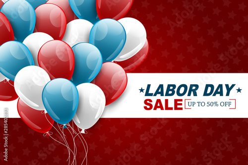 Labor Day sale banner with a bunch of ballons on red background. United States of America national september holiday. Vector illustration.