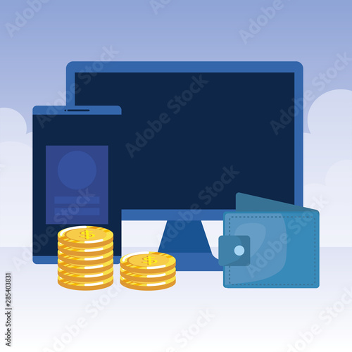 desktop computer with wallet and coins
