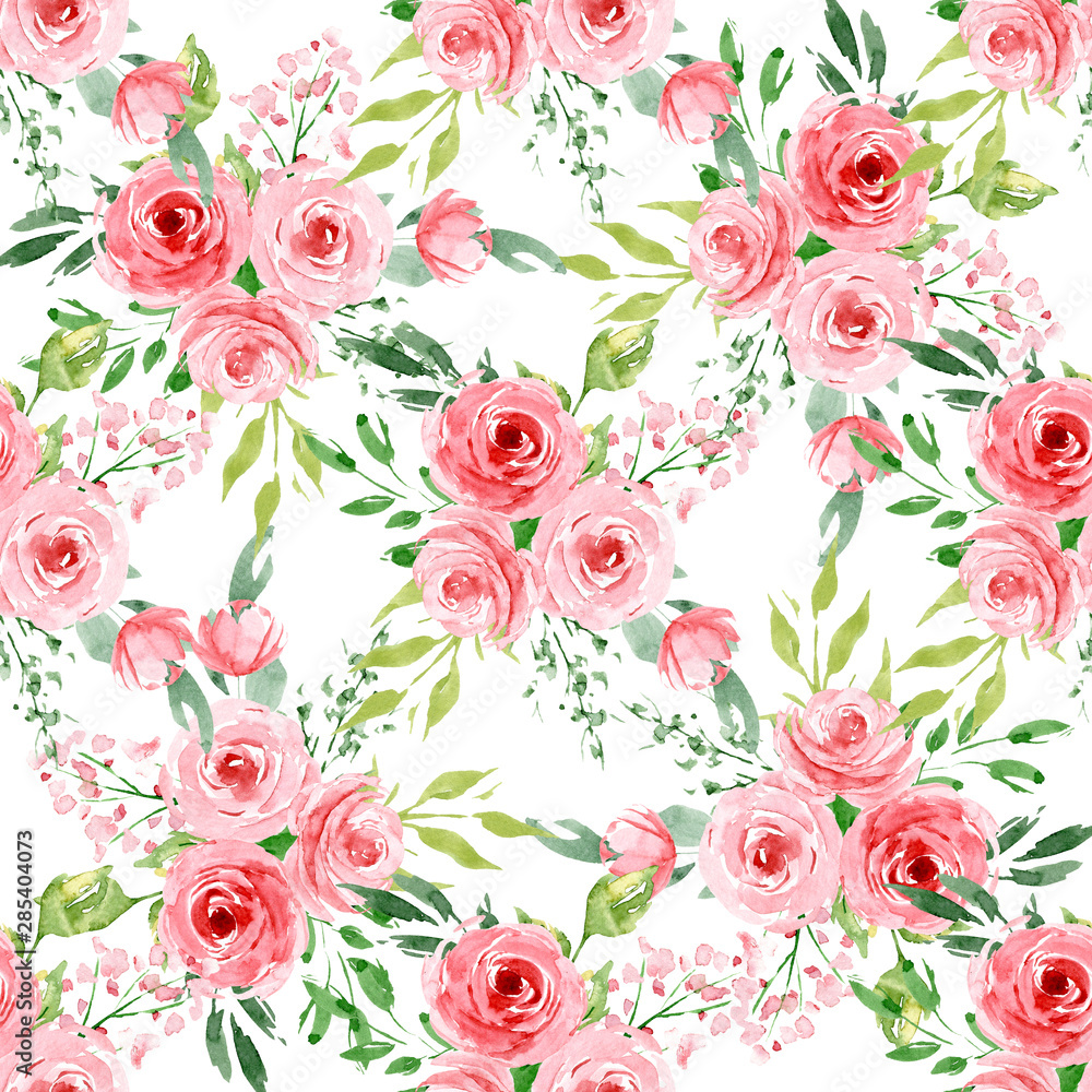 Seamless pattern, floral texture with watercolor flowers roses and leaves.  Repeating fabric wallpaper print background. Perfectly for wrapping paper,  backdrop, frame or border. Illustration Stock