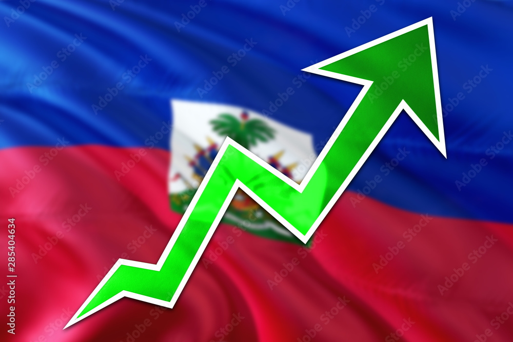Fototapeta premium Haiti economy graph is indicating positive growth, green arrow going up with trend line. Business concept on national background.