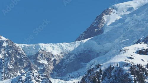 Amazing close up to the perennial glaciers of the Mont Blanc range on the French side. Ice and fresh snow. Wonderful landscape