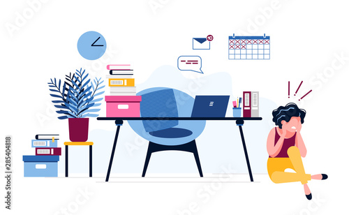 An exhausted businesswoman sits on the floor near the table, terrified of a huge amount of work. Female office worker. Stress, depression at work. Vector illustration. Workplace burnout concept.